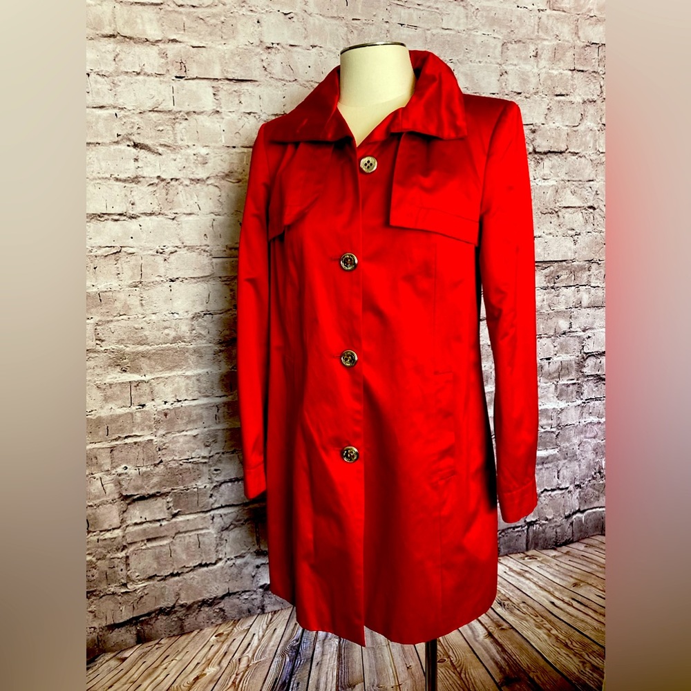 Darling, red sateen, Calvin Klein raincoat size small.